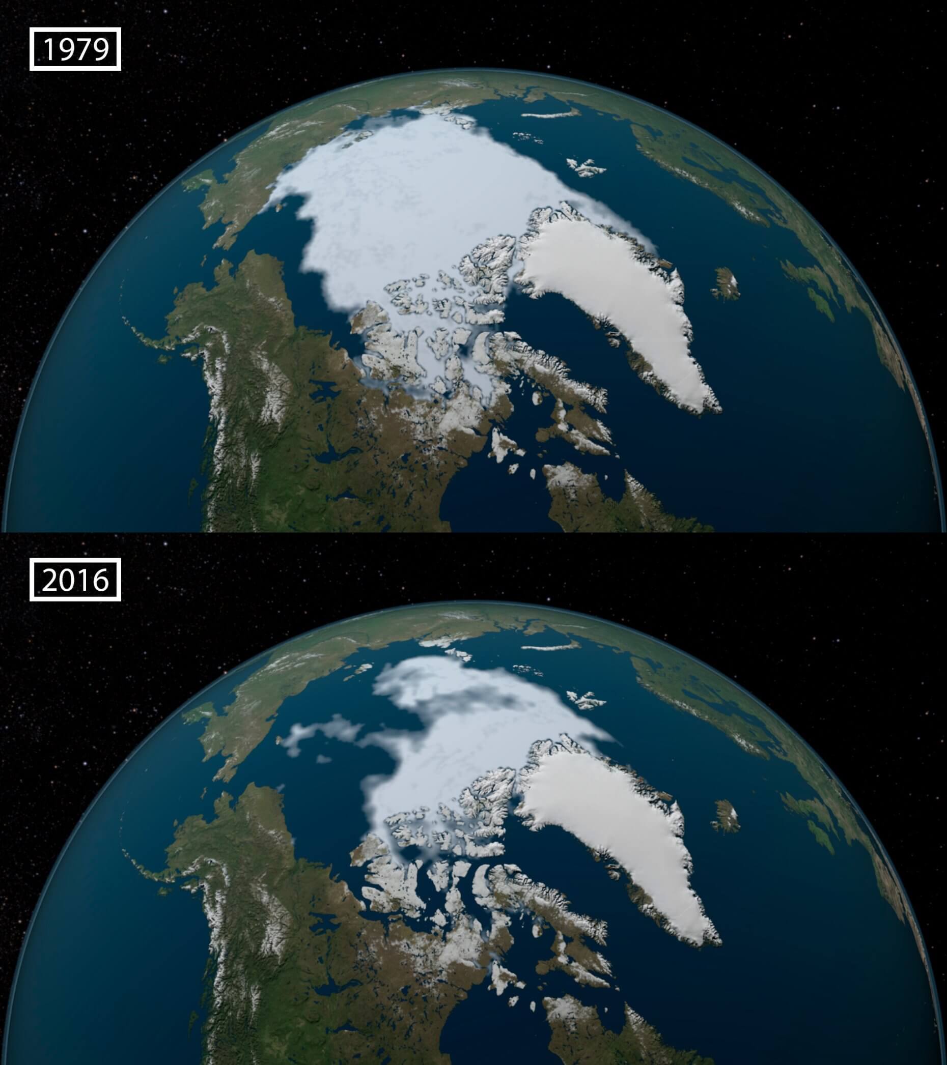 Uma montagem de duas imagens lado a lado das calotas polares em 1979 e 2016. É possível notar uma grande diferença entre a quantidade de gelo entre as duas épocas, a quantidade de área congelada em 1979 é consideravelmente maior.